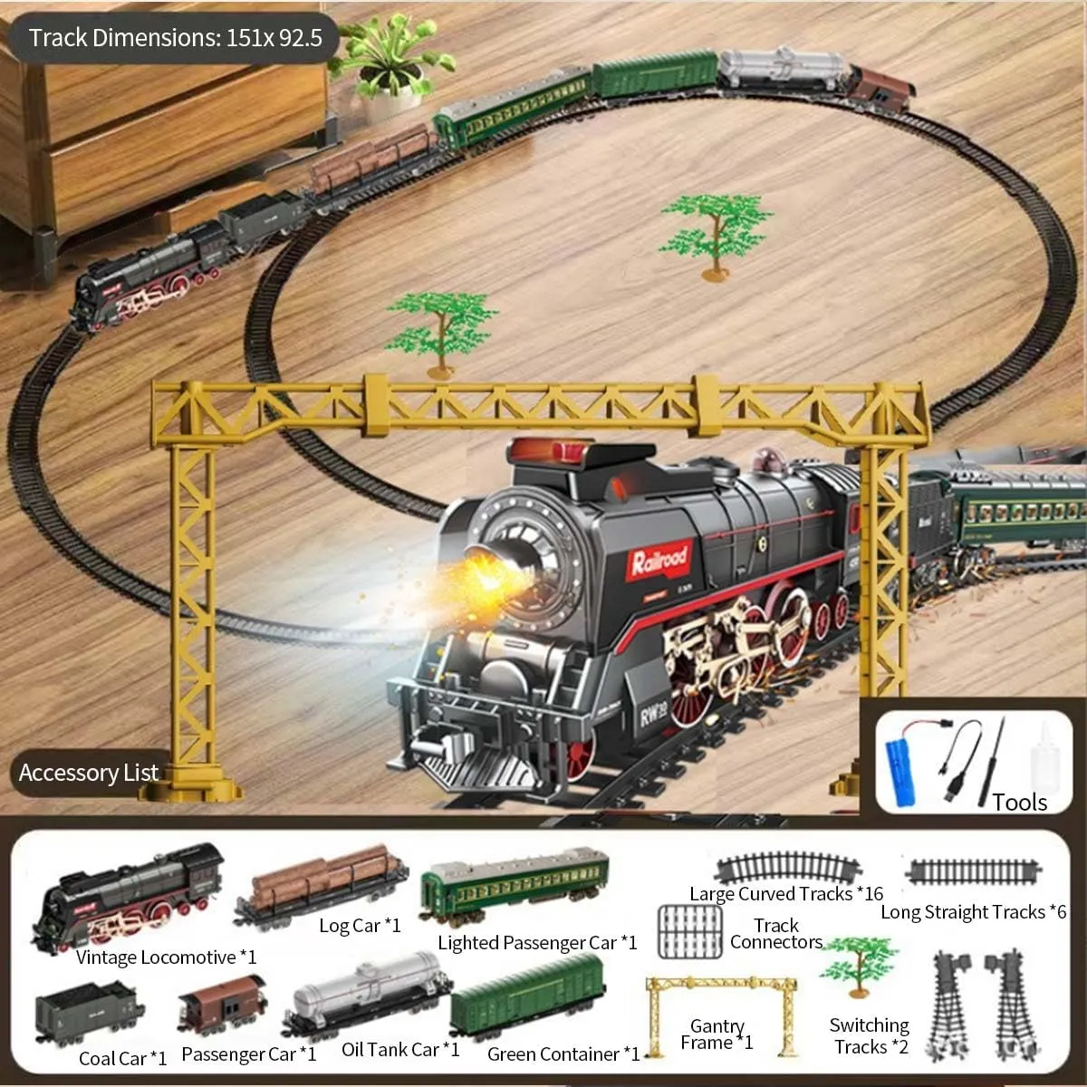 ABS Electric RC Train Set Model, Christmas Train Set Model with Carriage and Long Track, Great STEM Gifts and Desk Decorations for Teens and Adults (Model 623B)
