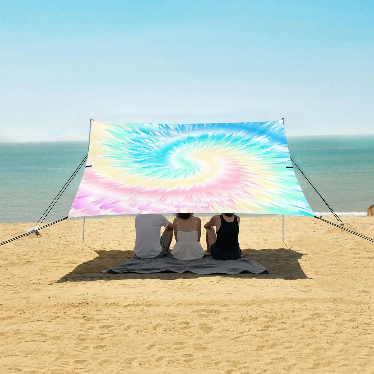 Abstract Tie Dye Beach Canopy Tent Anti-UV & Wind Resistant, Rainbow Camping Sun Shelter Easy Setup Portable,Outdoor Shade Tents with Sandbags,Sand Shovels,Ground Pegs & Stability Poles