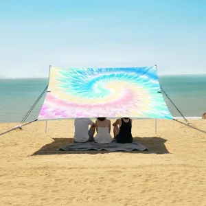 Abstract Tie Dye Beach Canopy Tent Anti-UV & Wind Resistant, Rainbow Camping Sun Shelter Easy Setup Portable,Outdoor Shade Tents with Sandbags,Sand Shovels,Ground Pegs & Stability Poles