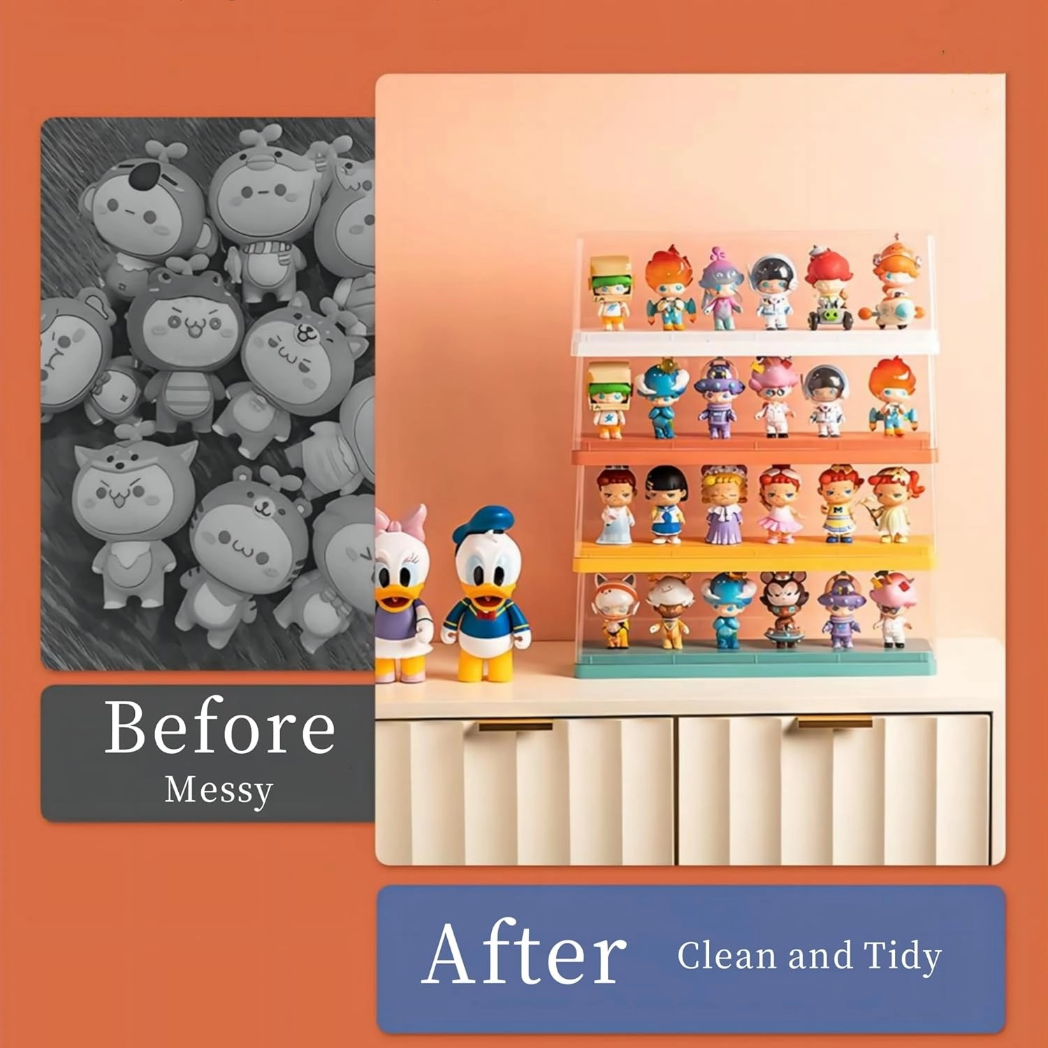 Acrylic Display Case for Mini Doll Figures, Dust Proof Figure Collection Box with Transparent Cover Storage Box Cabinet Organizer Showcase for Mini Toys, Collections or Stone(Orange)