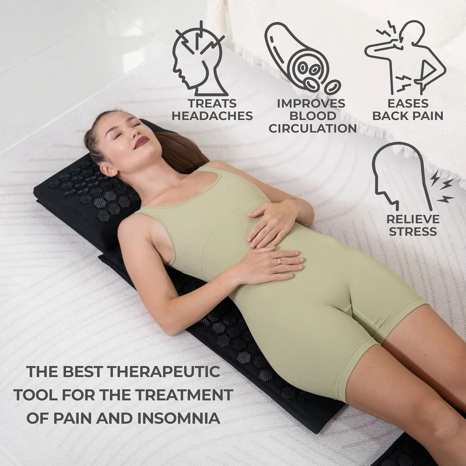 Acupressure Mat & Pillow – Natural Back & Neck Pain Relief, Stress Relief, and Better Sleep Kit (Includes Pillow & Carry Bag, Deep Black).