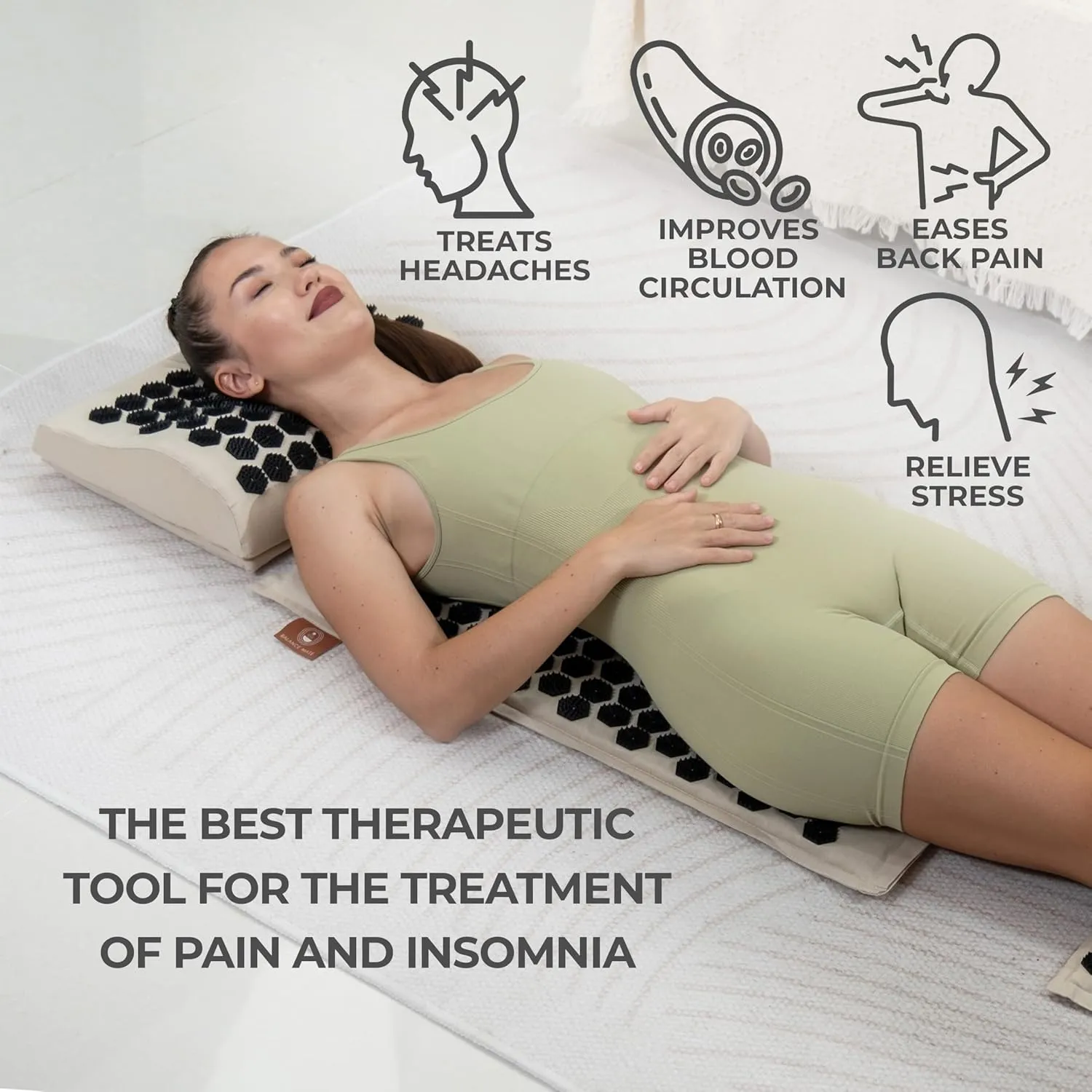 Acupressure Mat & Pillow – Natural Back & Neck Pain Relief, Stress Relief, and Better Sleep Kit (Includes Pillow & Carry Bag, Soft Cream).