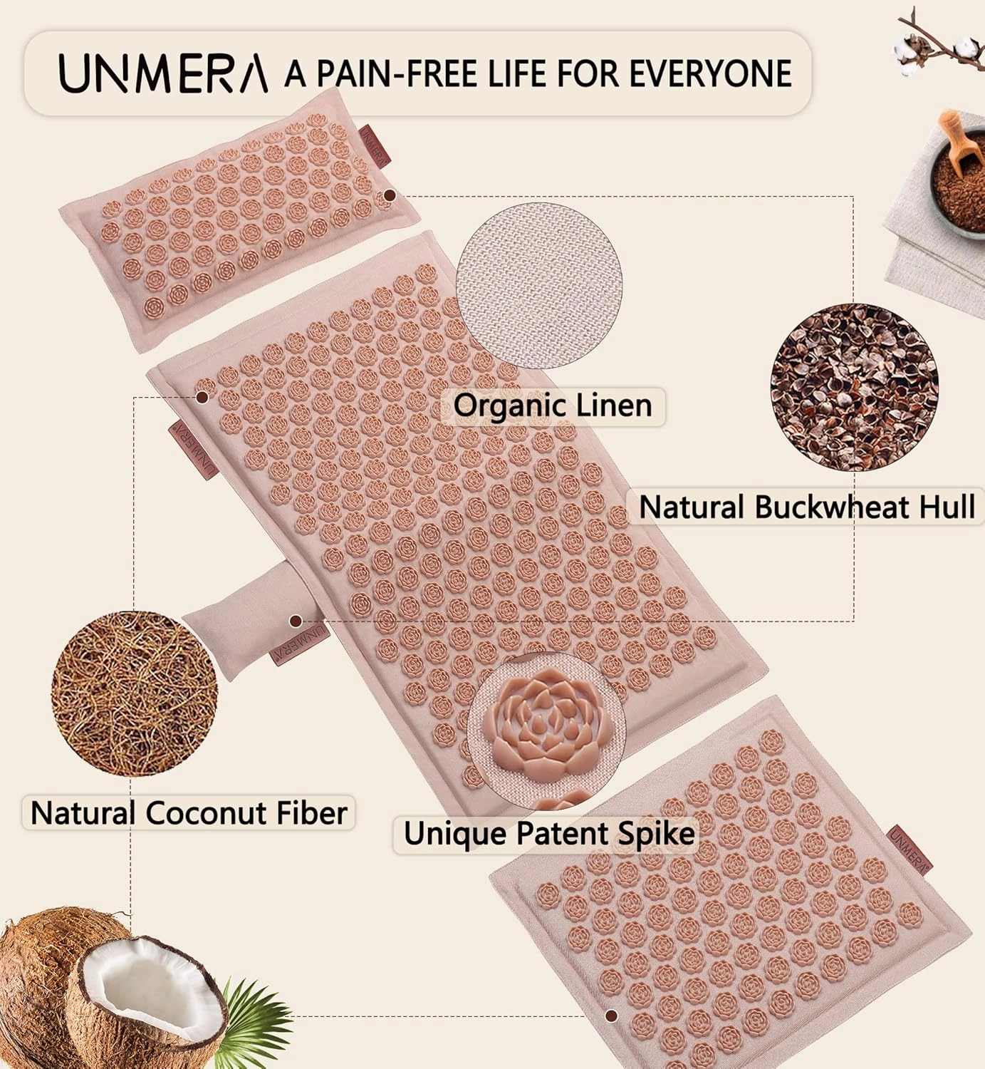 Acupressure Mat and Pillow Set,Natural Premium Linen & Coconut Fiber Filling,FSA/HSA Eligible,for Back/Neck Pain Relief, Sciatic, Headache and Muscle Relaxation, Comes with Carrying Bag