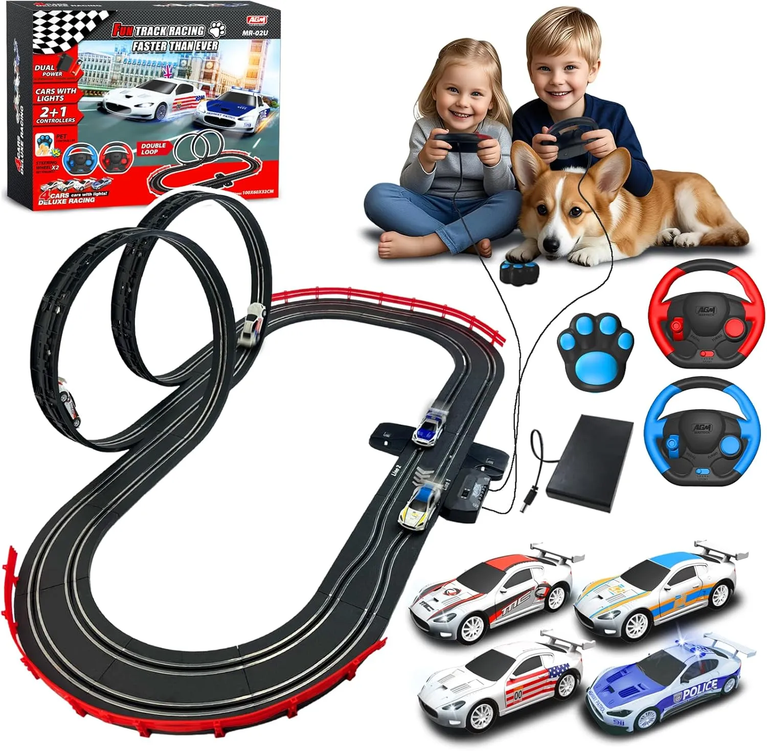 AGM MASTECH Slot Car Race Track Set, High Speed Series Tram Dual Track Set with 4 Licensed Racing Slot Cars, 2 Hand Controls, Track Parts and Lap Counter