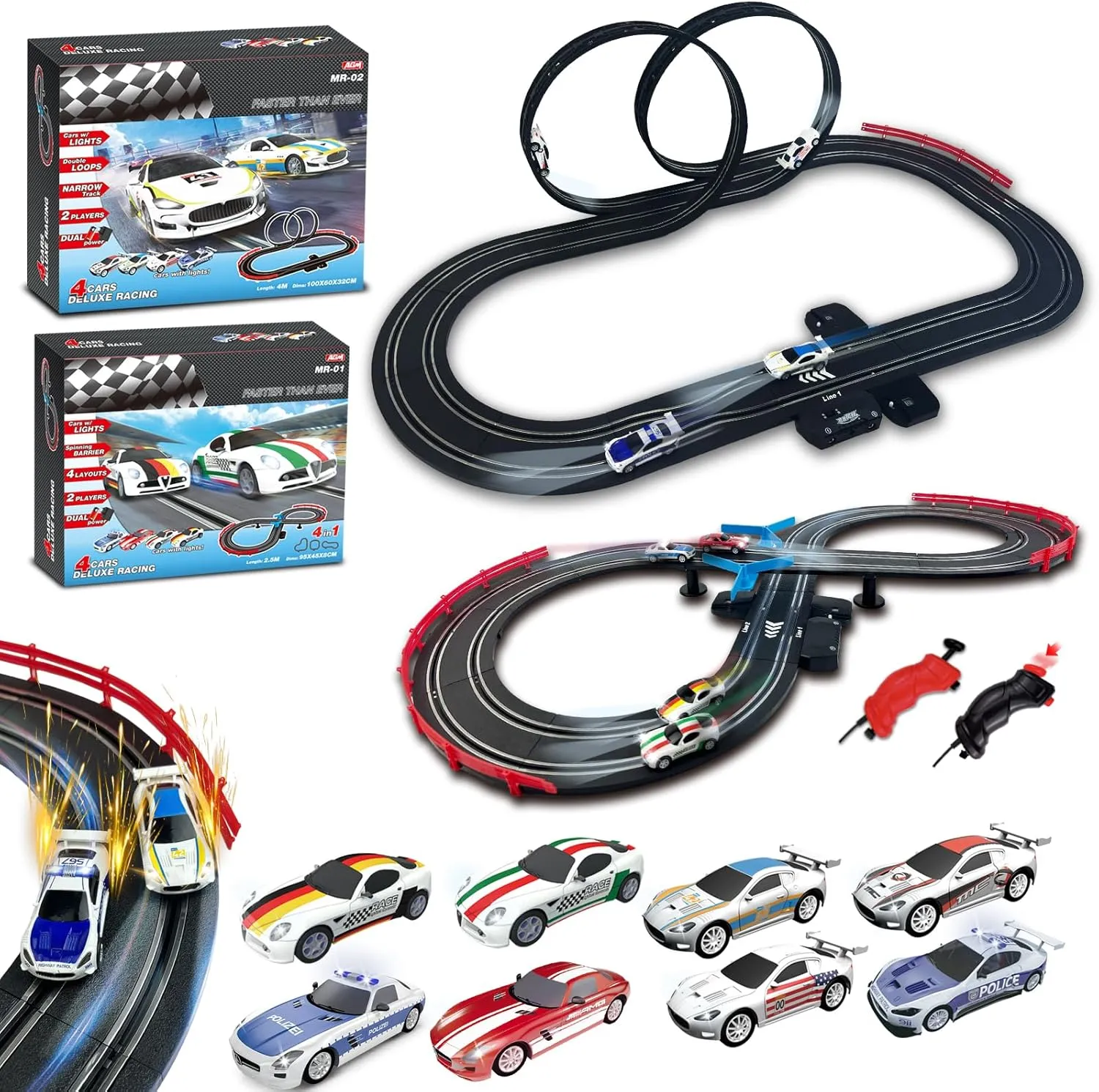 AGM MASTECH Slot Car Race Track Sets with 8 Exquisite Slot Cars, Battery or Electric Car Track, 4 Controllers, Lap Counter, Gift Toys for Boys and Girls Age 3 4 5 6 7 8-12
