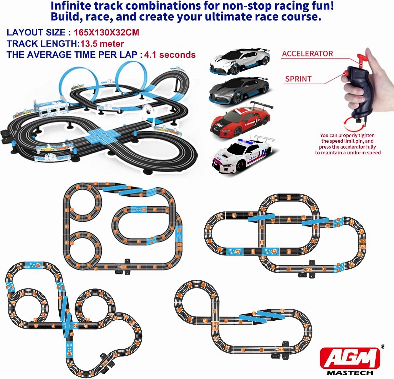 AGM MASETCH High Speed Series Tram Dual Track Set, Track with 4 Vehicles Official Licensed Slot car Racing, Comes with 2 Hand Controls and Track Parts and a Lap Counter.