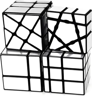 AI-YUN Mirror Cube Set, Speed Cube Set of 4 Pack, 1x3x3 Ghost Cube, 2x2 3x3 Mirror Blocks, 3x3 Windmill Cube, Brain Teasers, Puzzle Toys, Silver