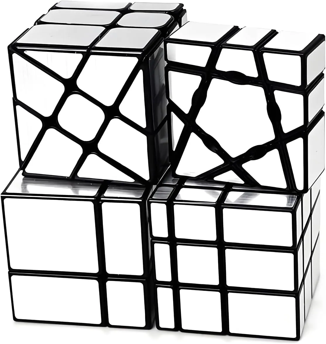 AI-YUN Mirror Cube Set, Speed Cube Set of 4 Pack, 1x3x3 Ghost Cube, 2x2 3x3 Mirror Blocks, 3x3 Windmill Cube, Brain Teasers, Puzzle Toys, Silver