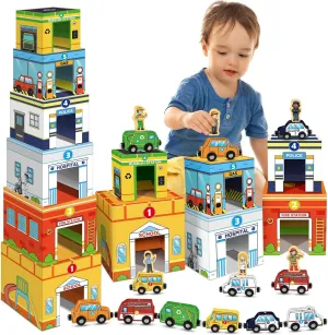 Aizweb Stacking Toys for Toddlers,Sorting Blocks Magnetic Wooden Cars Cardboard Vehicles Educational Preschool Kindergarten Learning Montessori Toys for 1 2 3 Year Old Boys Girls