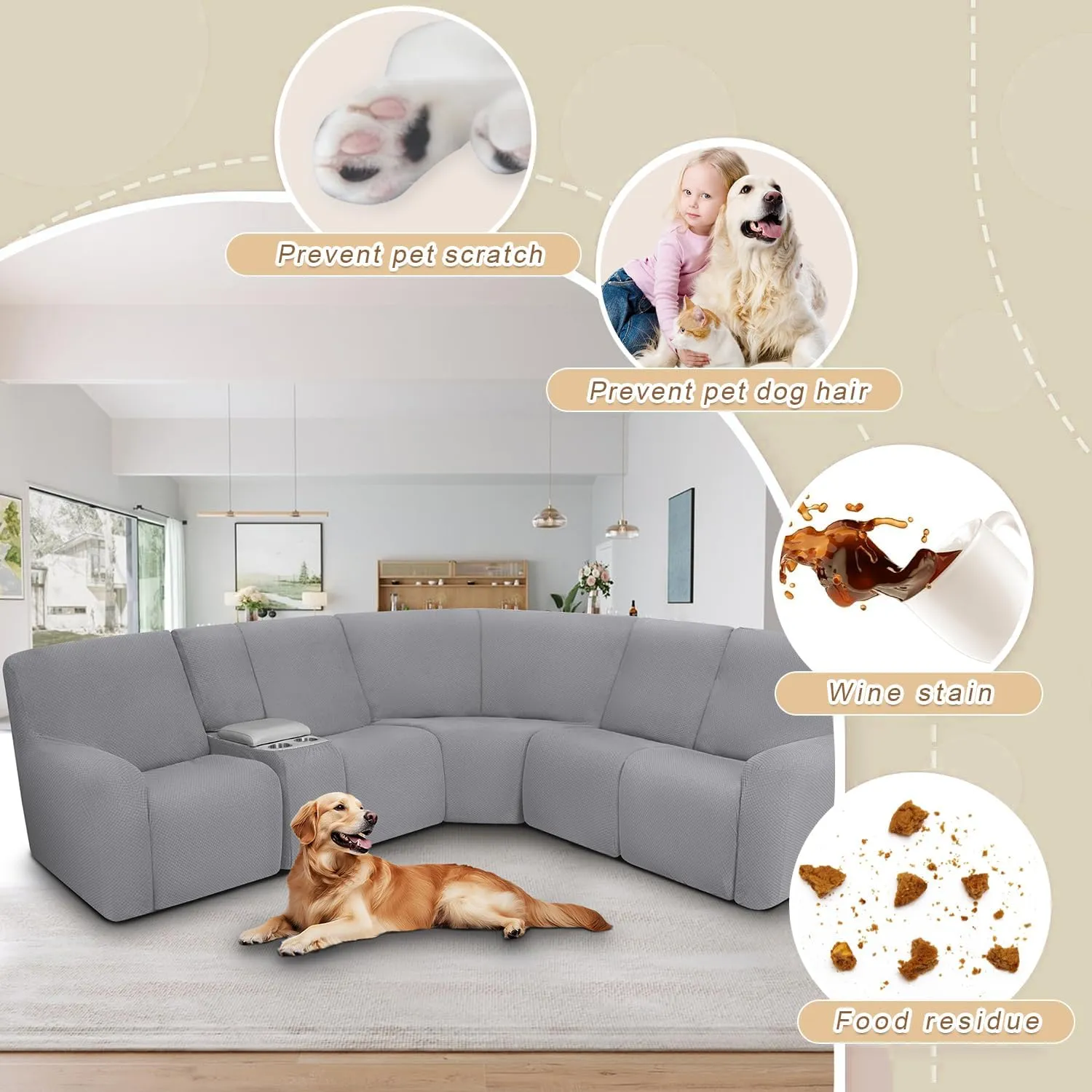 ALIECOM Waterproof Reclining Sectional Couch Covers for Reclining Sectional Stretch L Shaped Recliner Sofa Cover Washable Pet Dog Corner Sofa Slipcovers Protector (5 Seat and 1 Console, Light Grey)