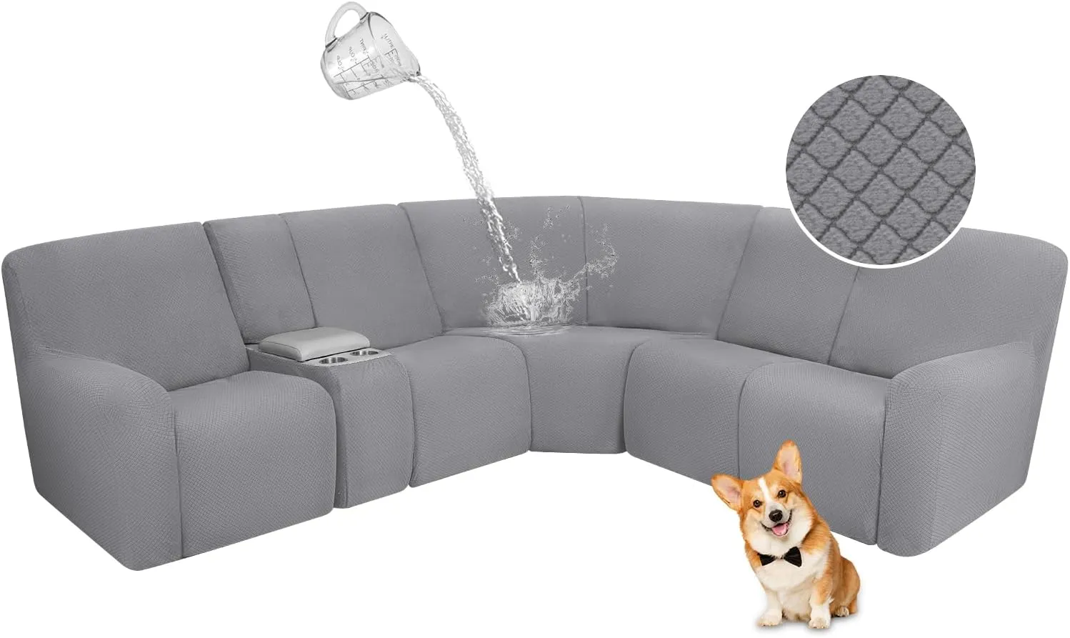 ALIECOM Waterproof Reclining Sectional Couch Covers for Reclining Sectional Stretch L Shaped Recliner Sofa Cover Washable Pet Dog Corner Sofa Slipcovers Protector (5 Seat and 1 Console, Light Grey)