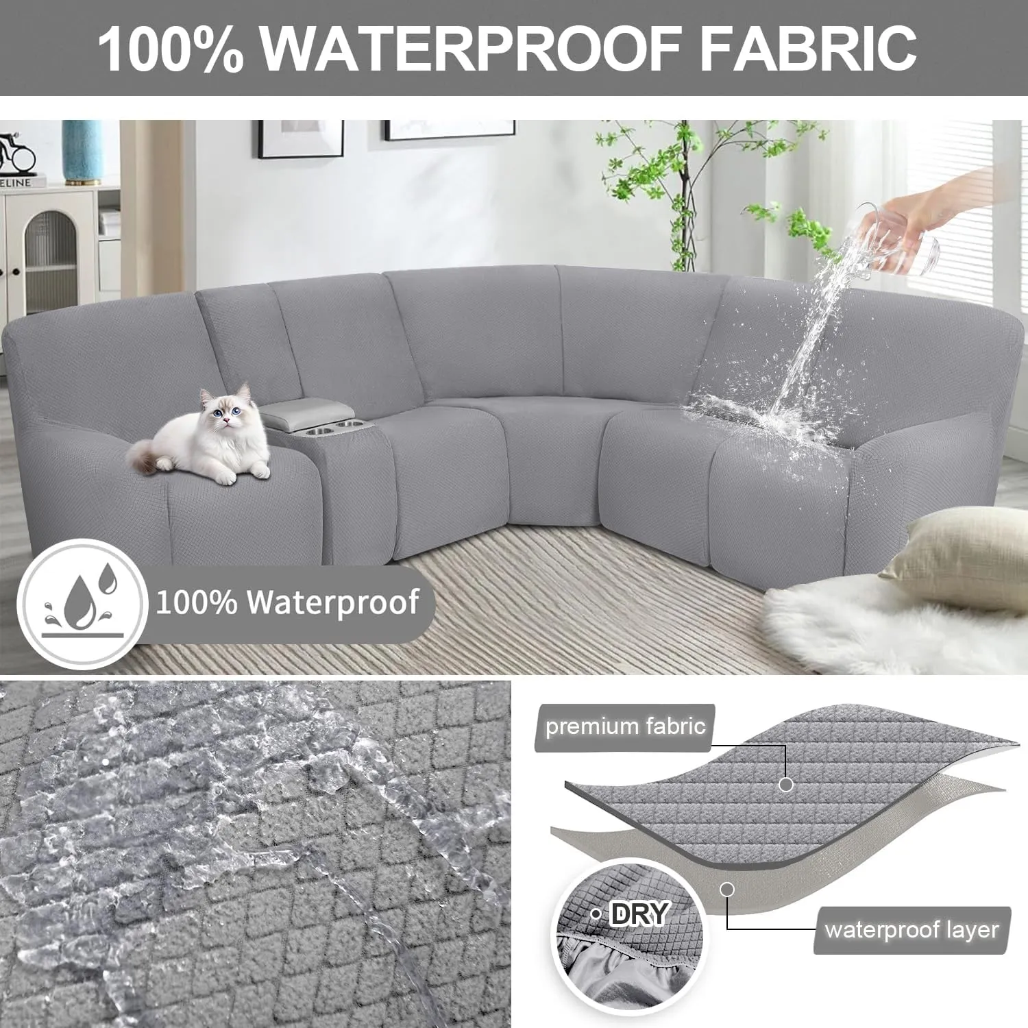 ALIECOM Waterproof Reclining Sectional Couch Covers for Reclining Sectional Stretch L Shaped Recliner Sofa Cover Washable Pet Dog Corner Sofa Slipcovers Protector (5 Seat and 1 Console, Light Grey)