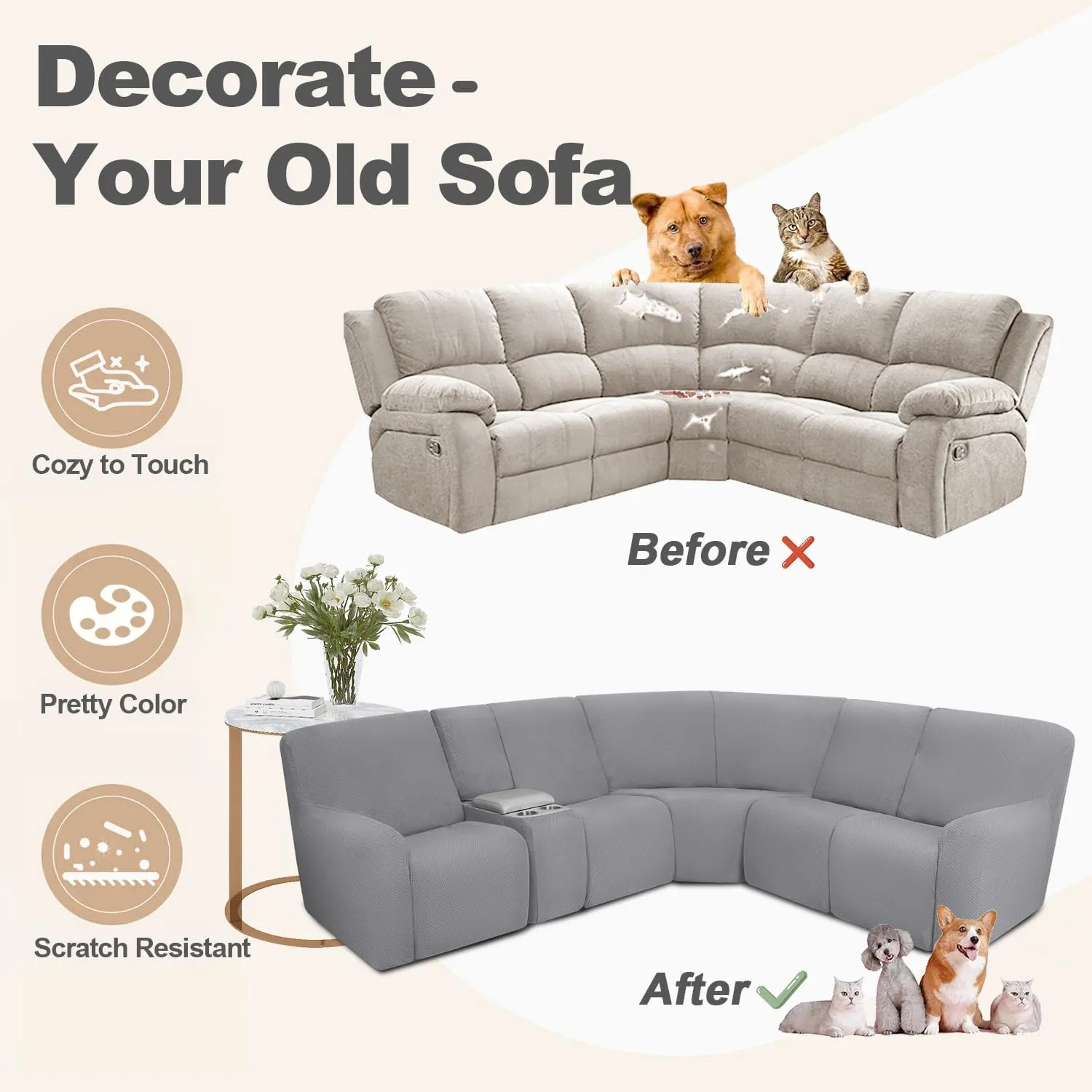 ALIECOM Waterproof Reclining Sectional Couch Covers for Reclining Sectional Stretch L Shaped Recliner Sofa Cover Washable Pet Dog Corner Sofa Slipcovers Protector (5 Seat and 1 Console, Light Grey)