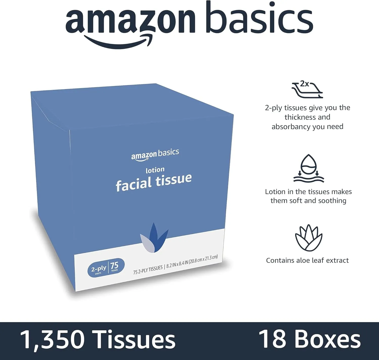 Amazon Basics Facial Tissue with Lotion, 2-Ply, 1350 Count (18 Packs of 75), (Packaging May Vary)