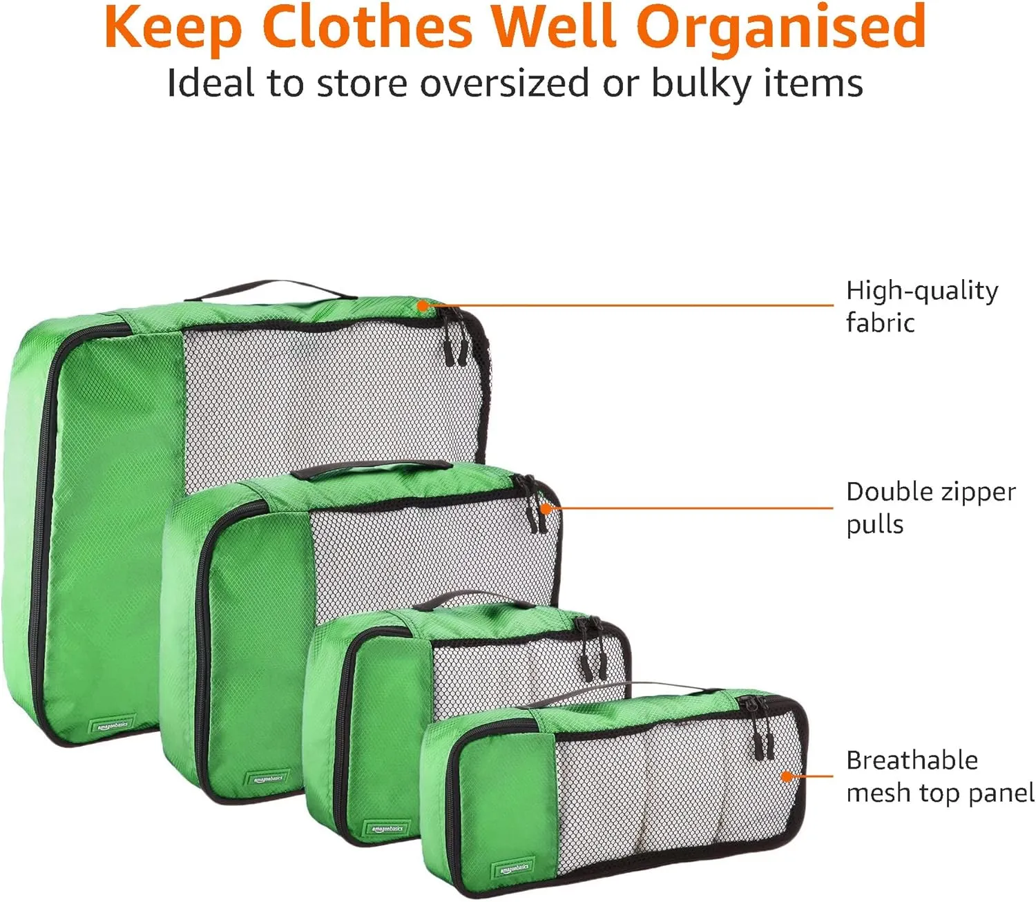 Amazon Basics Packing Cubes for Travel, Packing Organizers Set, 4-Piece-Set (Slim, Small, Medium, Large) With Double Zipper Pulls and Mesh Top Panel, 100% Durable Polyester, Green