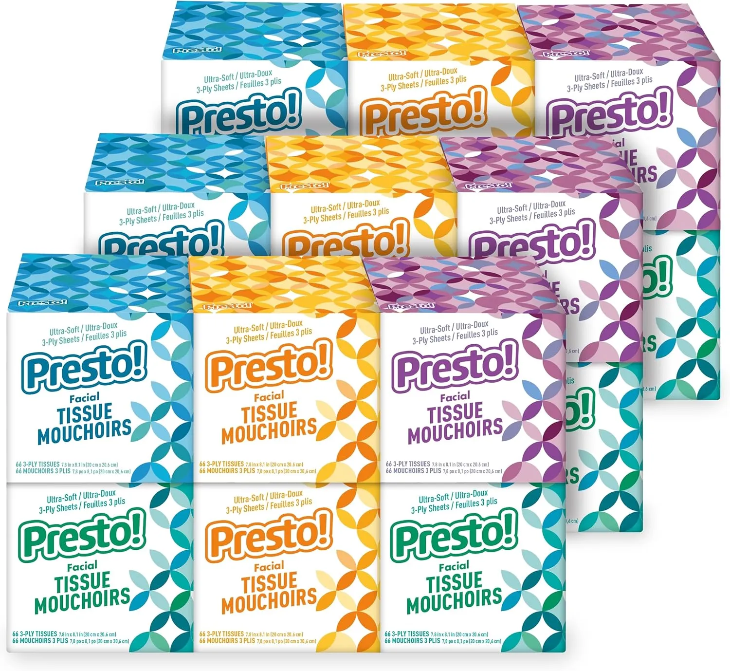 Amazon Brand - Presto! Ultra-Soft 3-Ply Premium Facial Tissues, 1188 Count (18 Packs of 66), (Packaging May Vary)