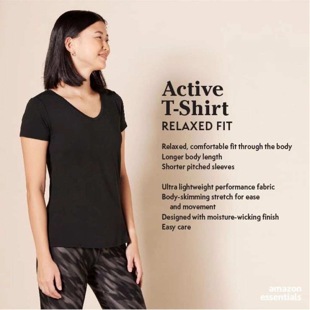 Amazon Essentials Women's Active Quick Dry Tech Stretch Short-Sleeve V-Neck T-Shirt (Available in Plus Size), Pack of 2
