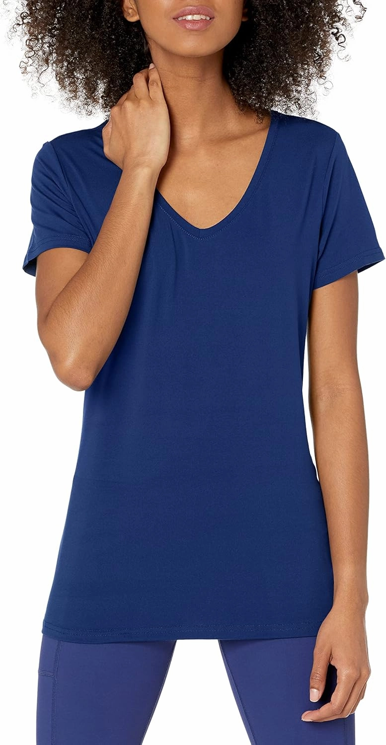 Amazon Essentials Women's Active Quick Dry Tech Stretch Short-Sleeve V-Neck T-Shirt (Available in Plus Size), Pack of 2