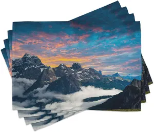 Ambesonne Mountain Place Mats Set of 4, Alpine Scenery Foggy Italian Natural Park Vivid Sky Above Clouds Photography, Washable Fabric Placemats for Dining Room Kitchen Table Decor, Black White Blue