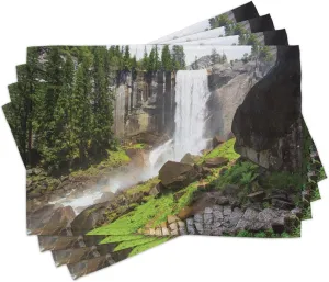 Ambesonne Yosemite Place Mats Set of 4, Vernal Fall Yosemite National Park Alpine Forest Rocks Wild Natural Scenic Photo, Washable Fabric Placemats for Dining Table, Standard Size, White Green