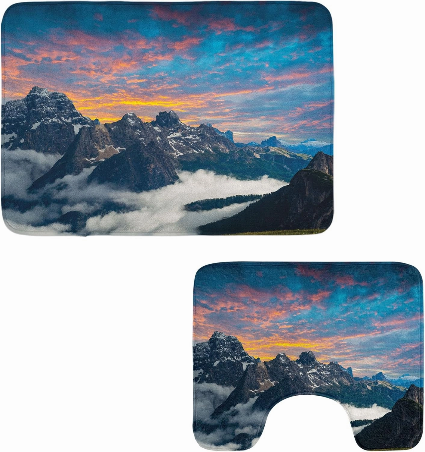 Ambesonne Mountain Bathroom Rug Set 2 Pieces, Alpine Scenery Foggy Italian Natural Park Vivid Sky Above Clouds Photography, Water-Resistant Rectangle Floor Rug & U-Shape Contour Mat, Black White Blue