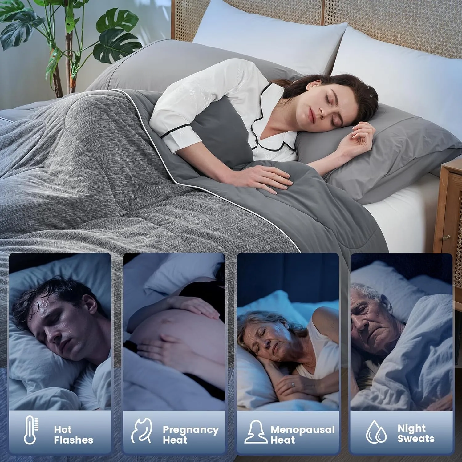 Amélie Home Cooling Comforter Queen Size, Reversible Lightweight Cooling Blanket for Hot Sleepers, Q-Max 0.43 Summer Breathable Cooling Quilt for Night Sweats, 90" x 90", Heather Charcoal Grey