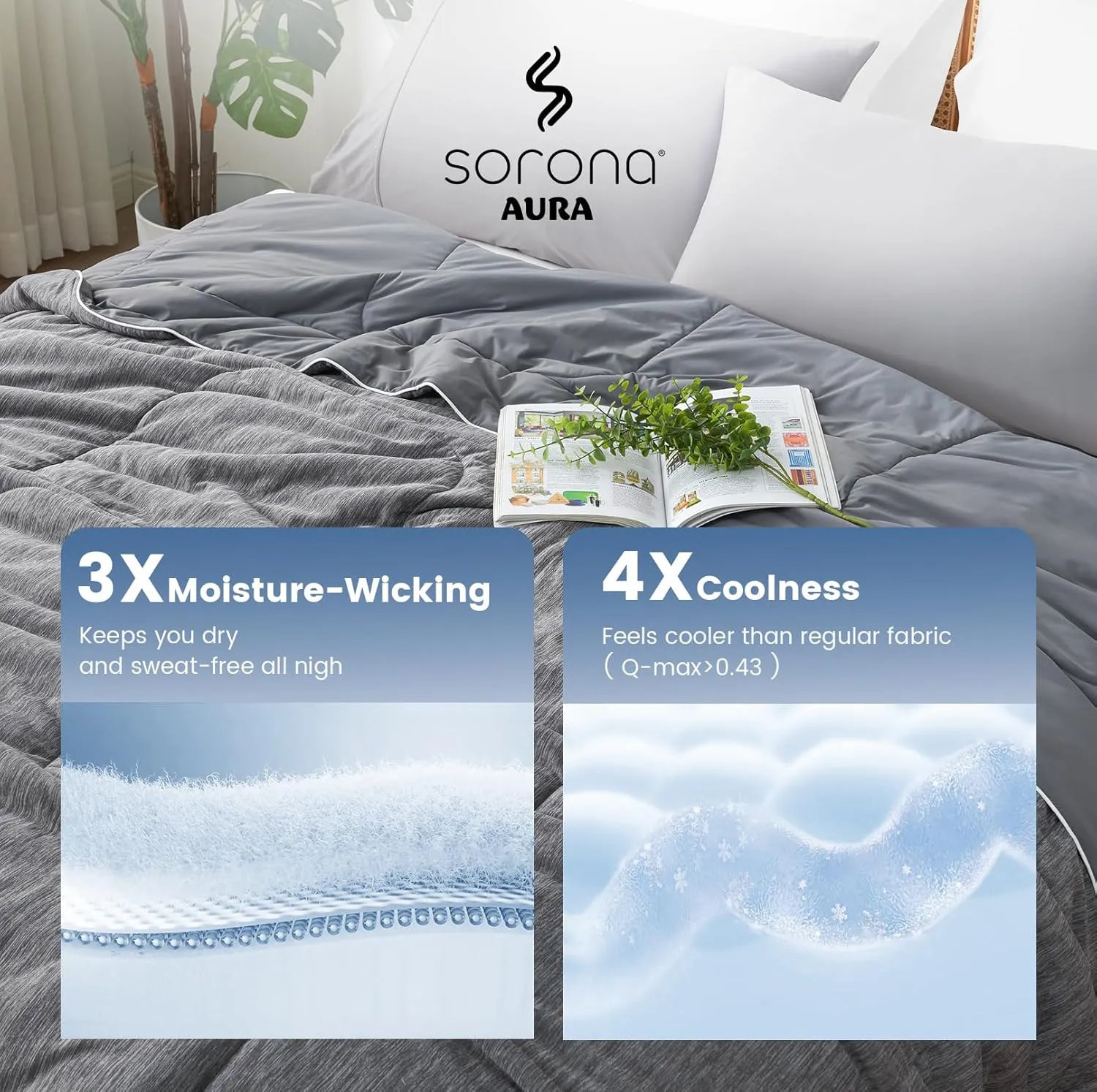 Amélie Home Cooling Comforter Queen Size, Reversible Lightweight Cooling Blanket for Hot Sleepers, Q-Max 0.43 Summer Breathable Cooling Quilt for Night Sweats, 90" x 90", Heather Charcoal Grey