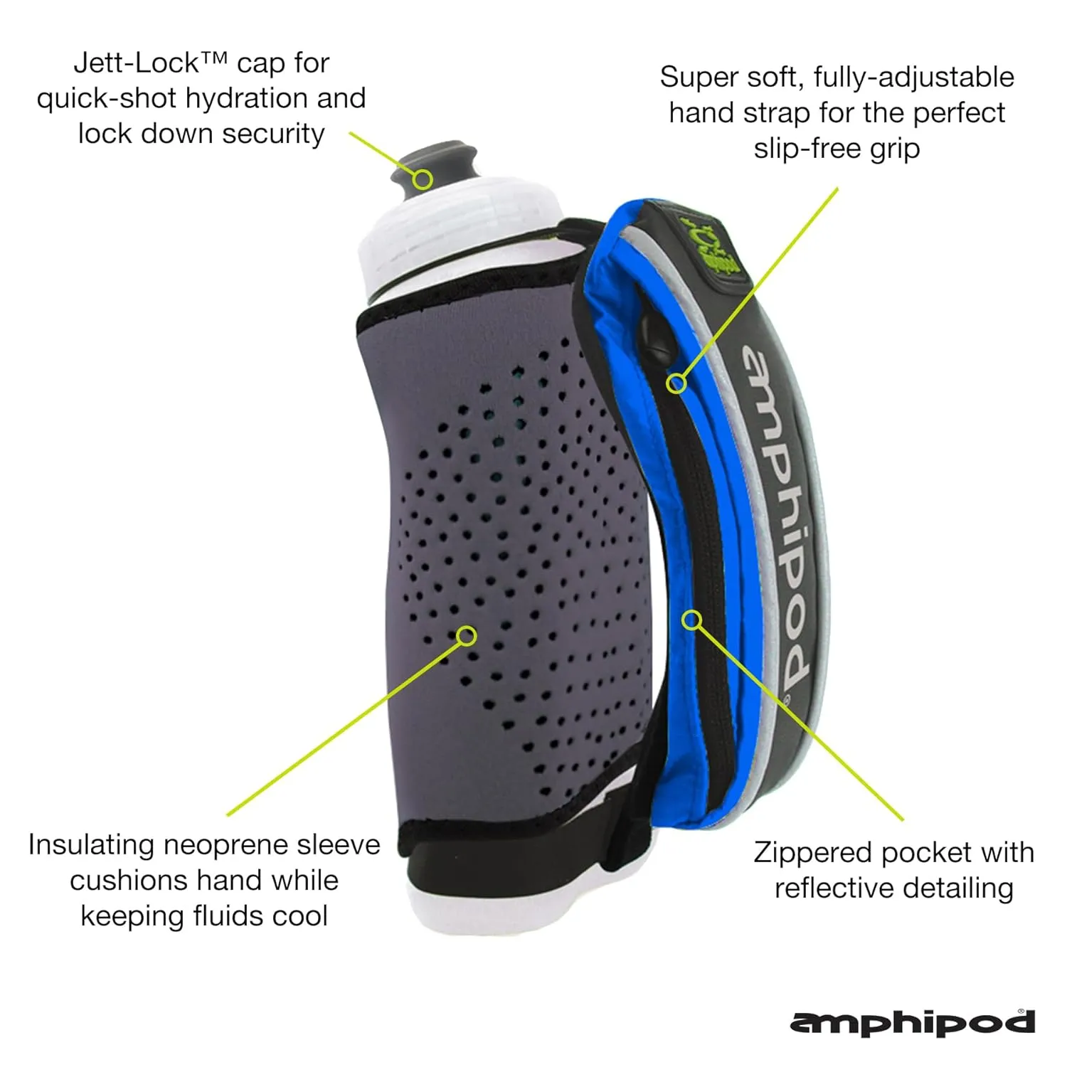 Amphipod Hydraform Jett-Lite Thermal Handheld, Ergonomic Hydration & Storage for Runners, Hikers & Athletes - Swift Blue - 12 oz.