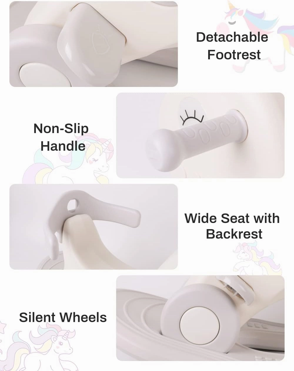 Ancaixin 4 in 1 Rocking Horse for Toddlers 1-3 Years Old, Balance Bike Ride On Toys with Push Handle, Backrest and Balance Board for Baby Girl and Boy, Unicorn Kids Riding Birthday (White)