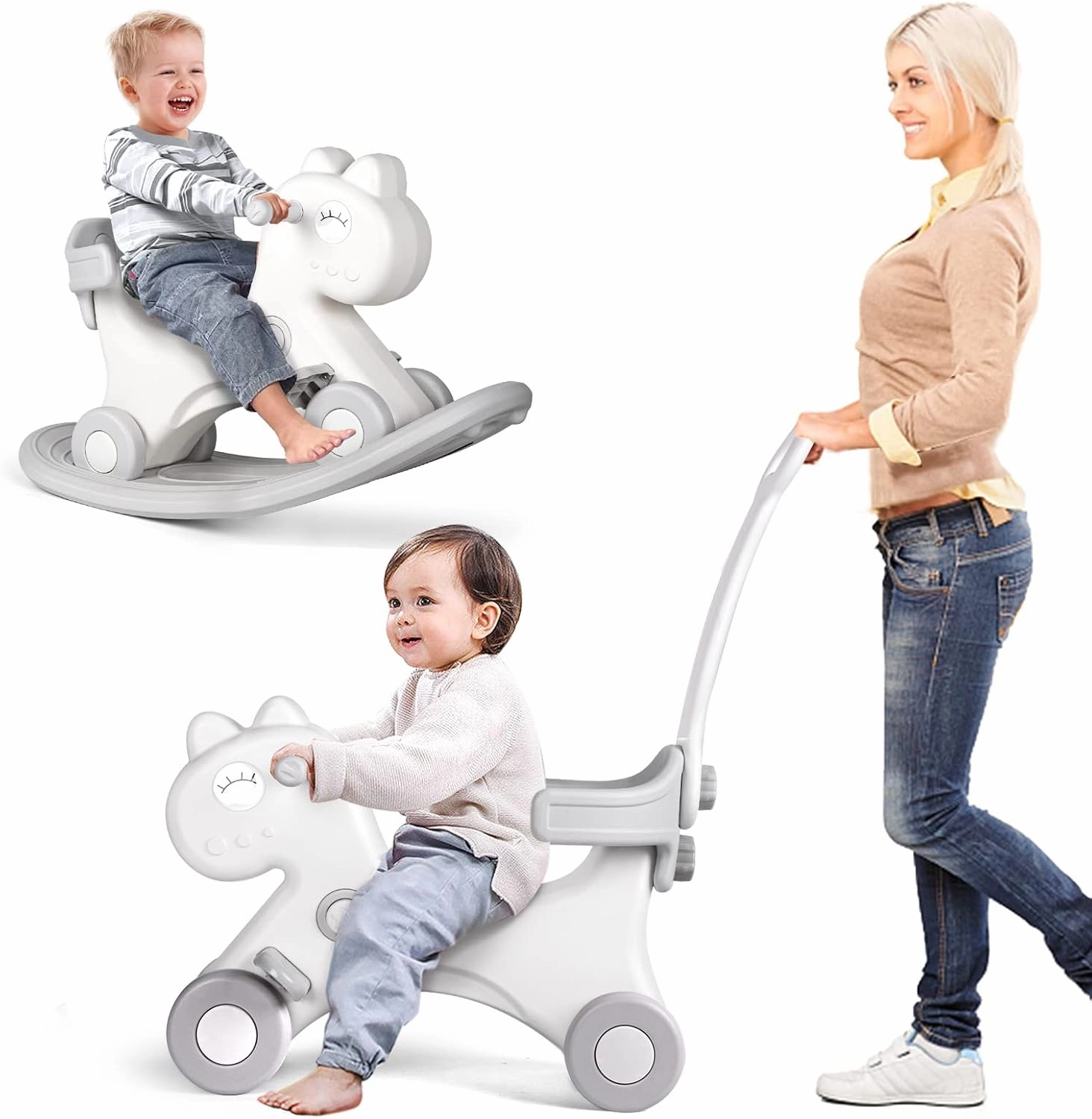 Ancaixin 4 in 1 Rocking Horse for Toddlers 1-3 Years Old, Balance Bike Ride On Toys with Push Handle, Backrest and Balance Board for Baby Girl and Boy, Unicorn Kids Riding Birthday (White)