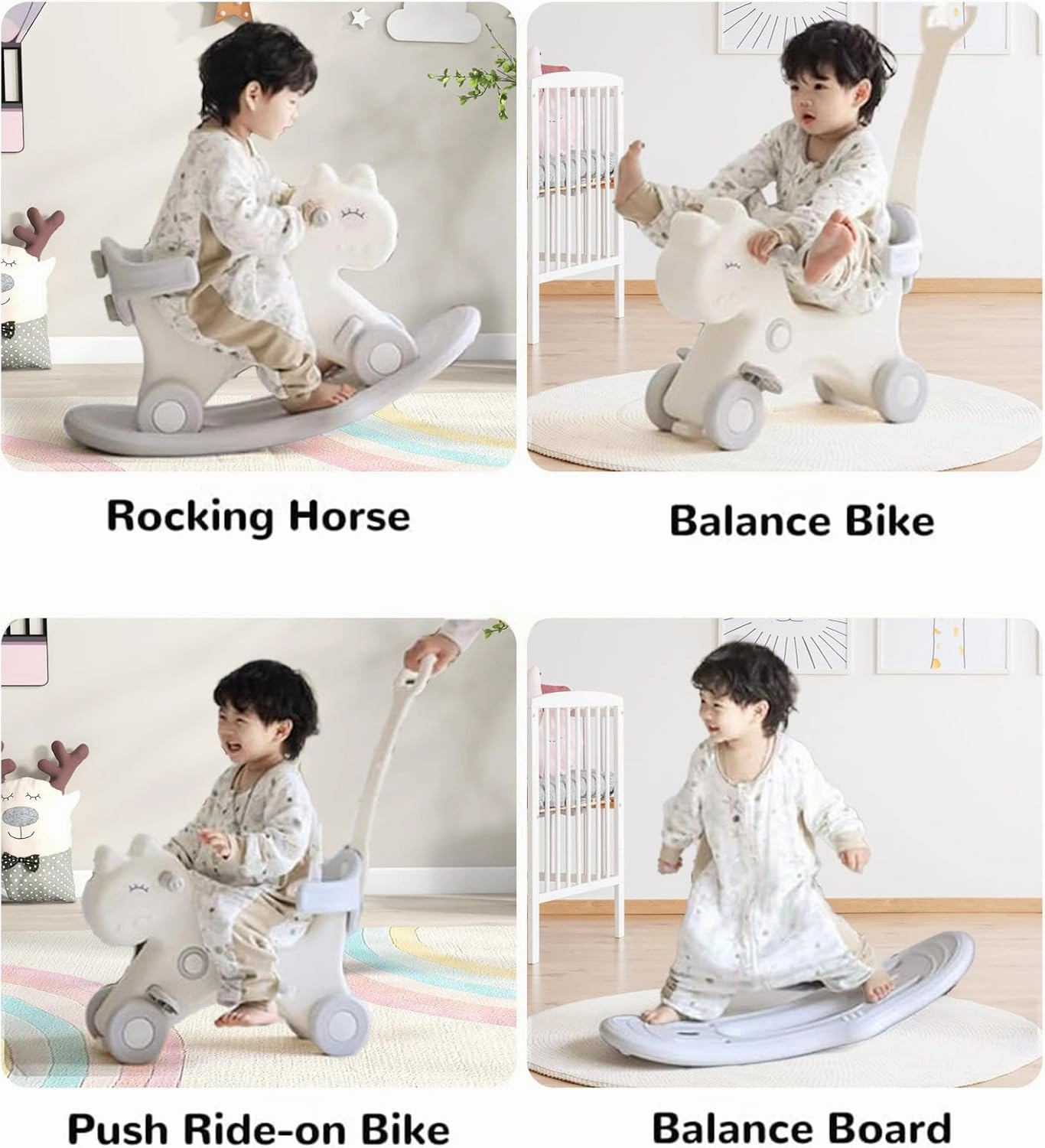 Ancaixin 4 in 1 Rocking Horse for Toddlers 1-3 Years Old, Balance Bike Ride On Toys with Push Handle, Backrest and Balance Board for Baby Girl and Boy, Unicorn Kids Riding Birthday (White)