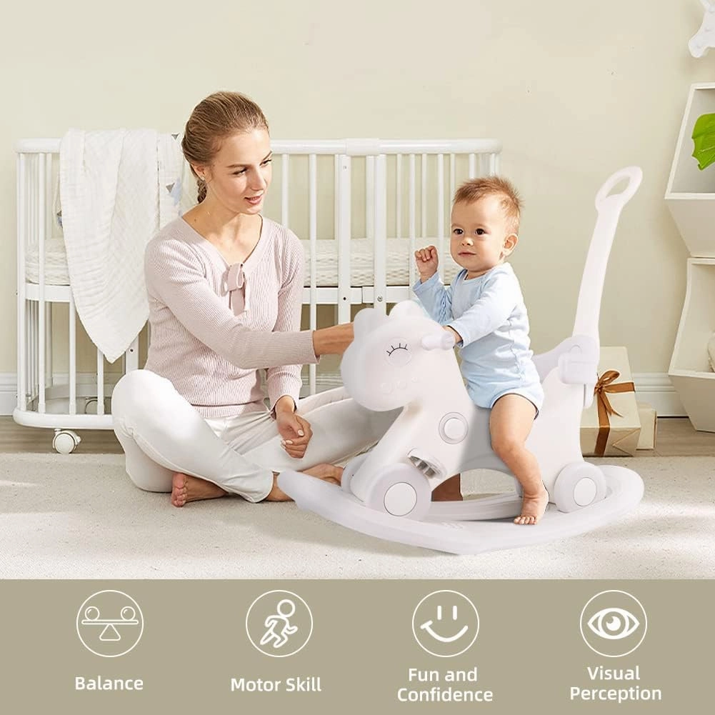 Ancaixin 4 in 1 Rocking Horse for Toddlers 1-3 Years Old, Balance Bike Ride On Toys with Push Handle, Backrest and Balance Board for Baby Girl and Boy, Unicorn Kids Riding Birthday (White)