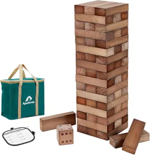 ApudArmis Giant Tumble Tower Stack to Over 5Ft, 60 PCS Pine Wooden Stacking Timber Game with 1 Dice Set - Classic Block Giant Outdoor Game (7.48 * 2.48 * 1.5 in Each Block, Brown)