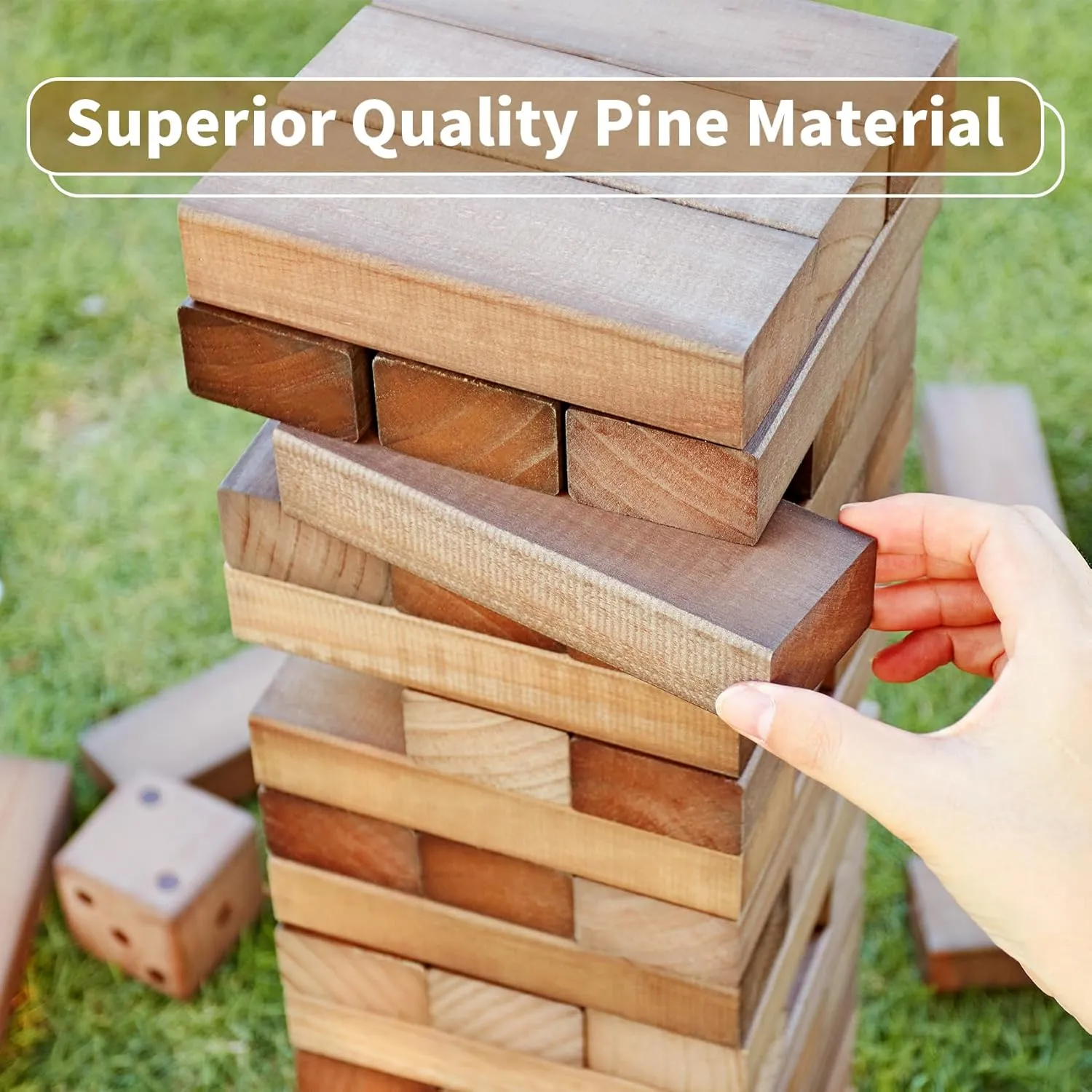 ApudArmis Giant Tumble Tower Stack to Over 5Ft, 60 PCS Pine Wooden Stacking Timber Game with 1 Dice Set - Classic Block Giant Outdoor Game (7.48 * 2.48 * 1.5 in Each Block, Brown)