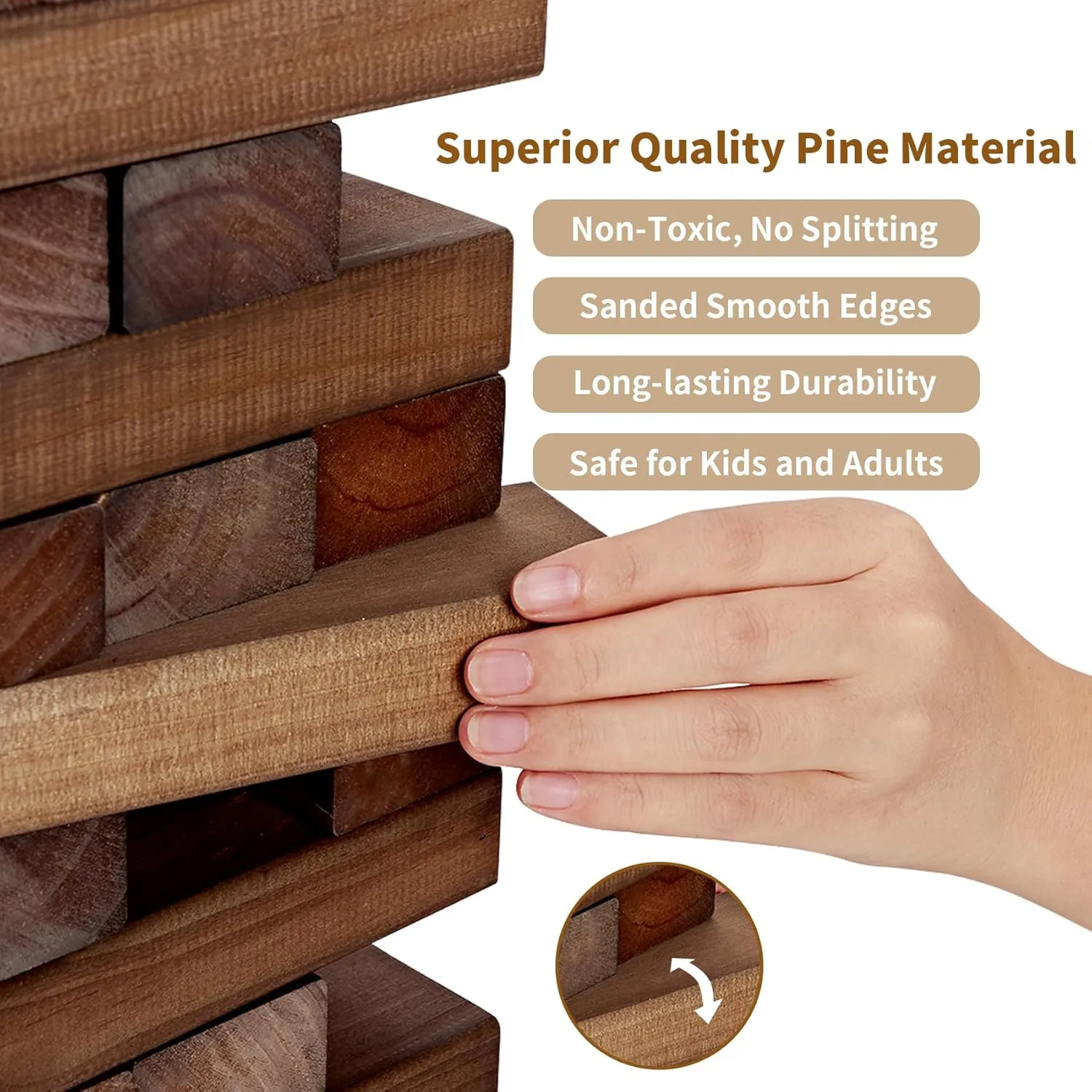 ApudArmis Giant Tumble Tower Stack to Over 5Ft, 60 PCS Pine Wooden Stacking Timber Game with 1 Dice Set - Classic Block Giant Outdoor Game (7.48 * 2.48 * 1.5 in Each Block, Brown)