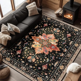 Area Rugs 8'x10' Washable Non-Slip, Floral Vintage Distress Print Pattern Medallion Carpet for Living Room Bedroom Dining Room, Black Colorful