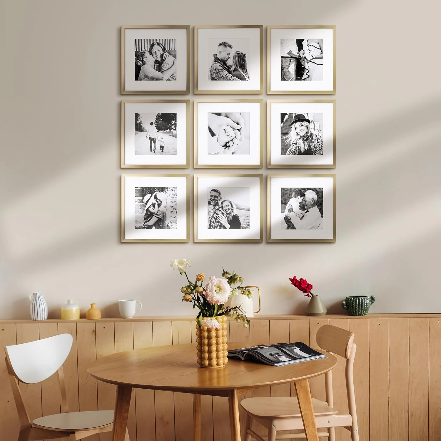 ArtbyHannah Square Picture Frame, Gold Gallery Wall Frame Set Display Pictures 8x8 inch with Mat or 10x10 inch Without Mat, Wall Hanging Photo Frame for Living Room or Staircase Decoration (9 Pack)