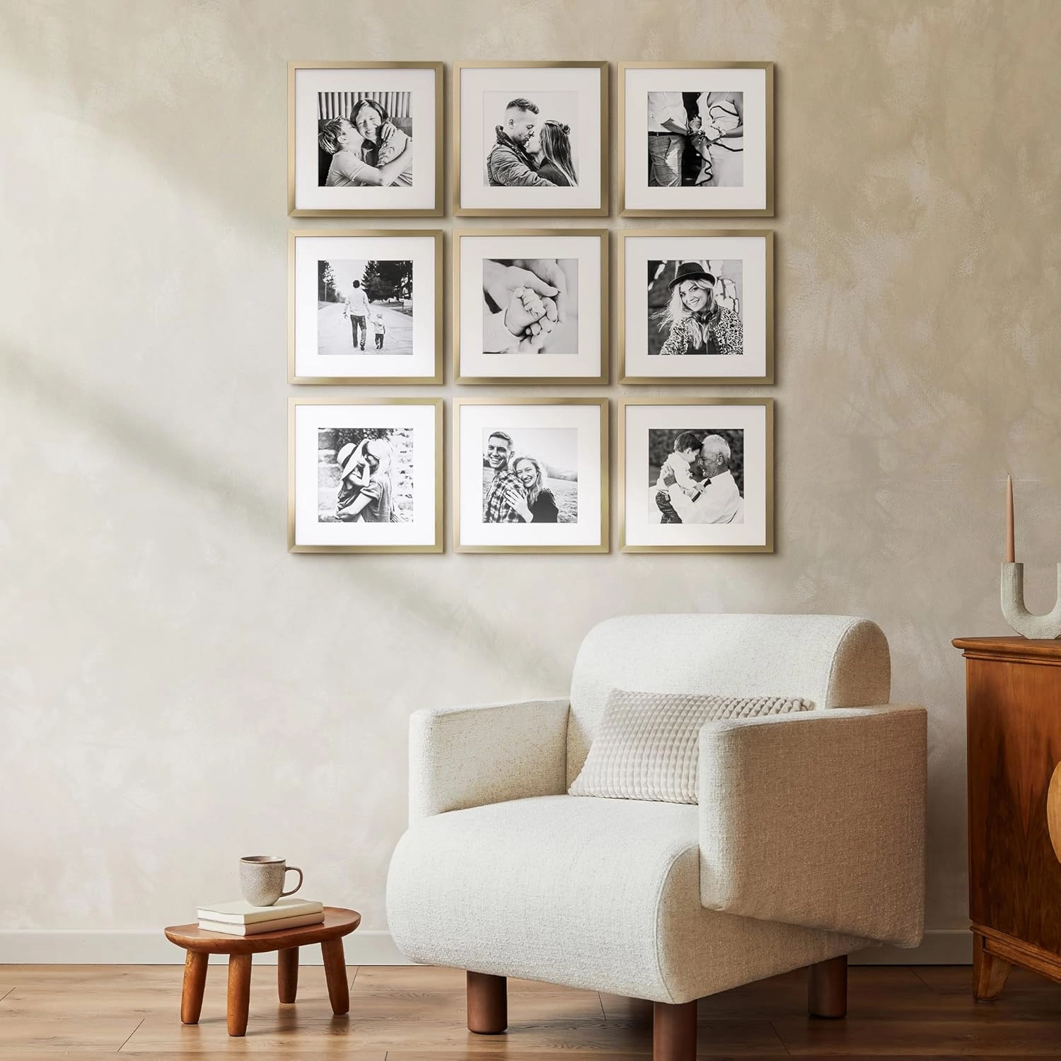 ArtbyHannah Square Picture Frame, Gold Gallery Wall Frame Set Display Pictures 8x8 inch with Mat or 10x10 inch Without Mat, Wall Hanging Photo Frame for Living Room or Staircase Decoration (9 Pack)