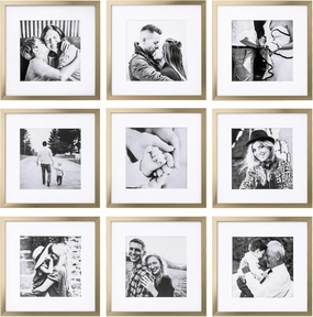 ArtbyHannah Square Picture Frame, Gold Gallery Wall Frame Set Display Pictures 8x8 inch with Mat or 10x10 inch Without Mat, Wall Hanging Photo Frame for Living Room or Staircase Decoration (9 Pack)