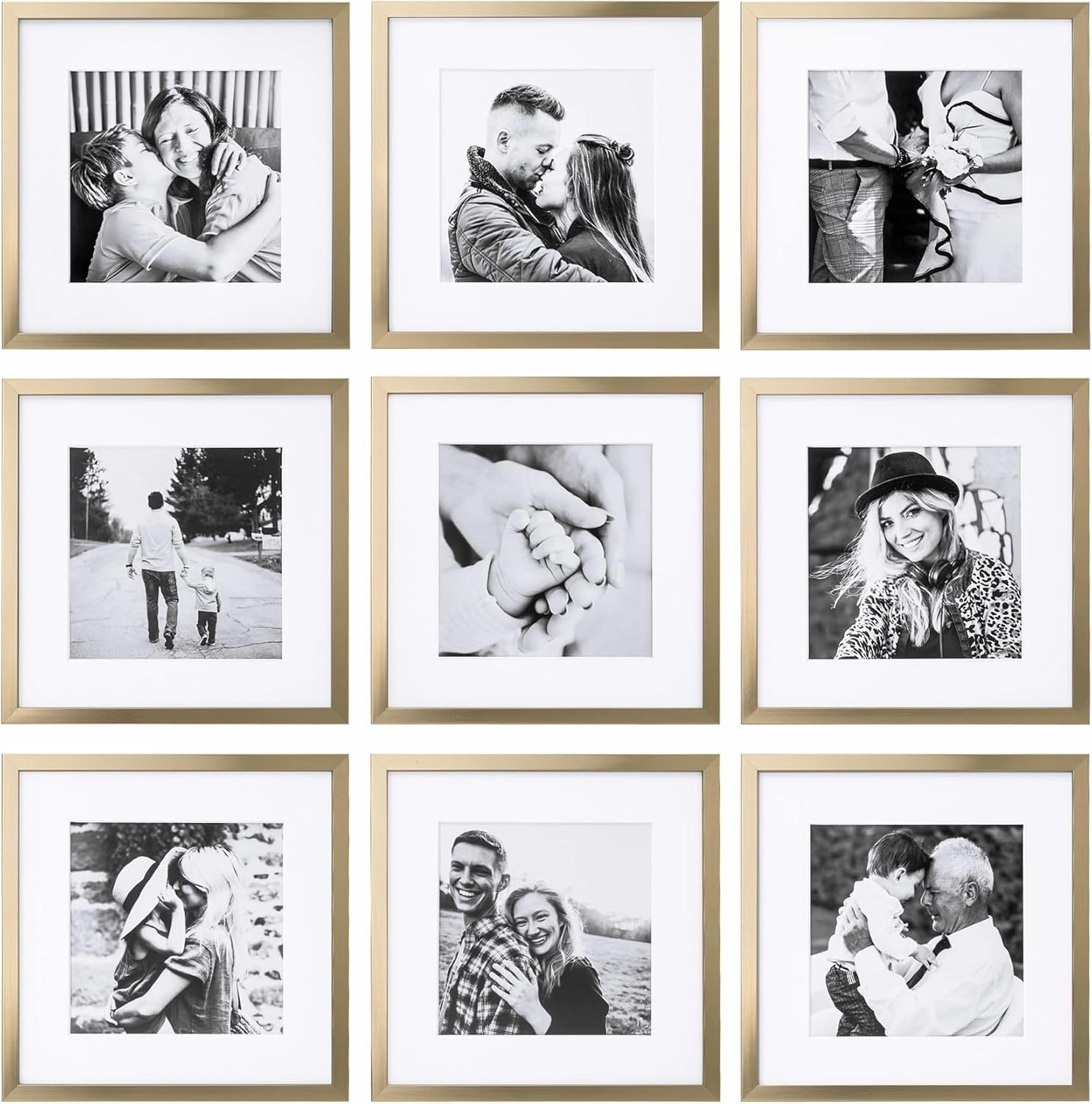 ArtbyHannah Square Picture Frame, Gold Gallery Wall Frame Set Display Pictures 8x8 inch with Mat or 10x10 inch Without Mat, Wall Hanging Photo Frame for Living Room or Staircase Decoration (9 Pack)