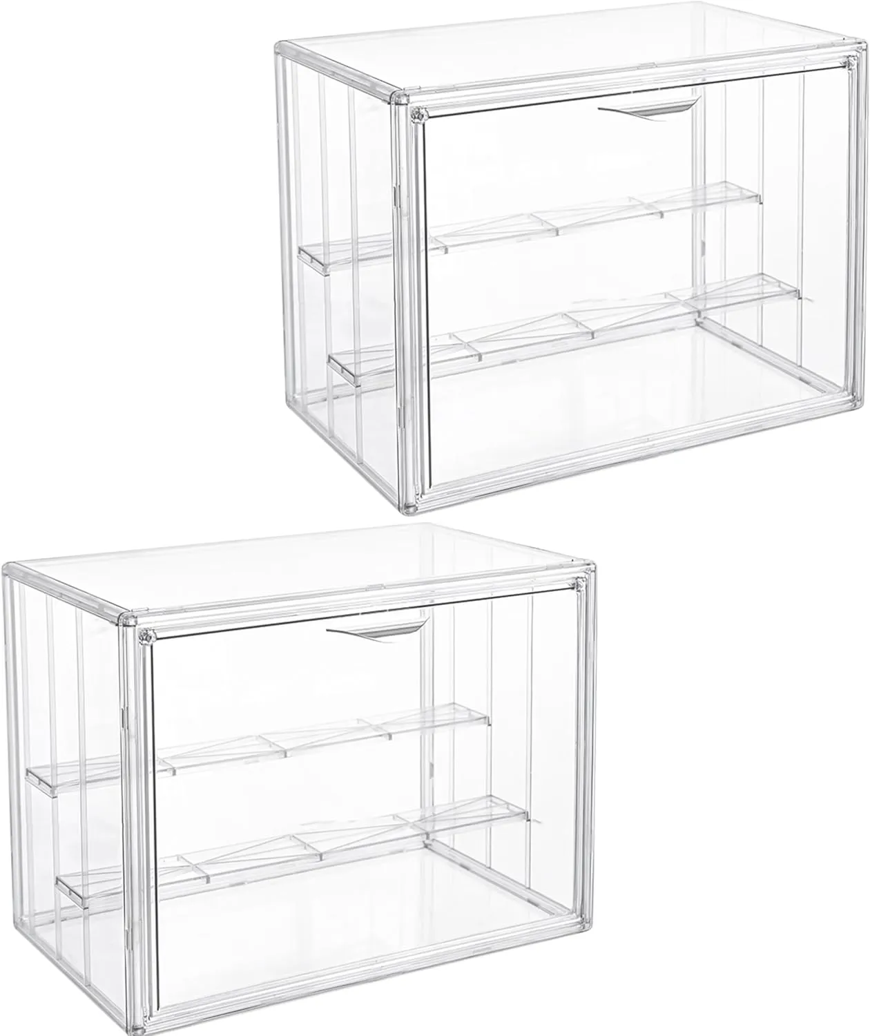 Attelite 2pack Clear Acrylic Display Boxes,3 Tiers Display Case with 2 Movable Plates, Display Storage Box with Magnetic Door, Stackable Showcase for Action Figures