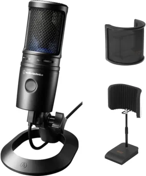 Audio-Technica Cardioid Condenser USB Microphone (AT2020USBX) Bundle w/Desktop Reflection Filter with Mic Stand & Mic Pop Screen