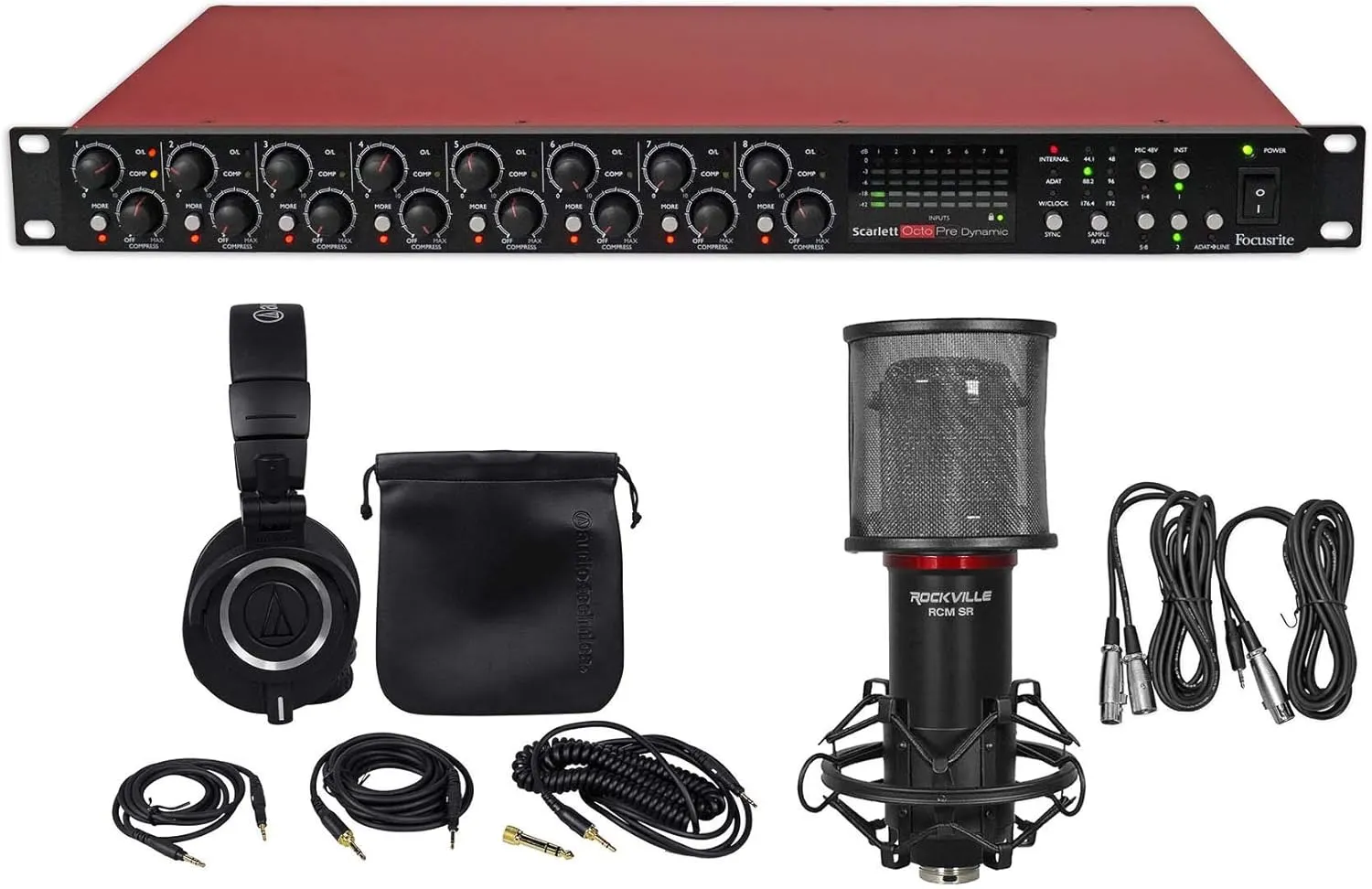 Audiosavings Bundle: Focusrite Scarlett OctoPre Dynamic 8-Channel Mic Preamp ADAT 192kHz Bundle with Audio Technica ATH-M50X Studio Headphones Case & Rockville RCM SR Condenser Microphone (3 Items)