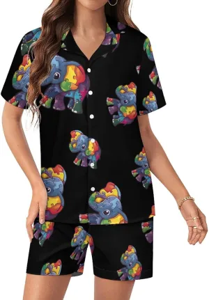 Autism Awareness Puzzle Elephant Women's Satin Pajama Set Short Sleeve Button Down Sleepwear Loungewear Pj Set
