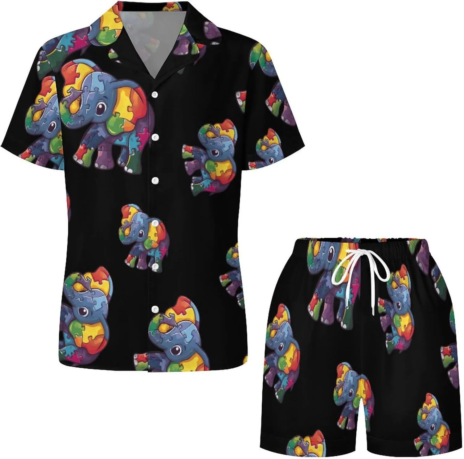 Autism Awareness Puzzle Elephant Women's Satin Pajama Set Short Sleeve Button Down Sleepwear Loungewear Pj Set