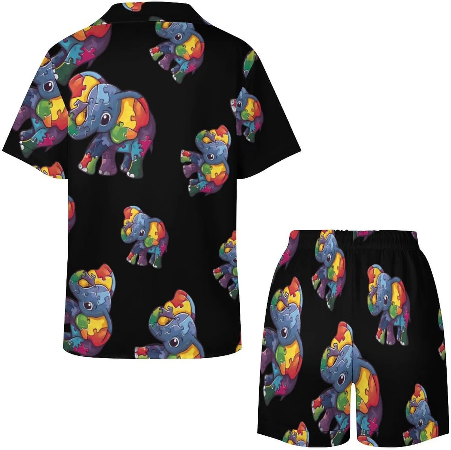Autism Awareness Puzzle Elephant Women's Satin Pajama Set Short Sleeve Button Down Sleepwear Loungewear Pj Set