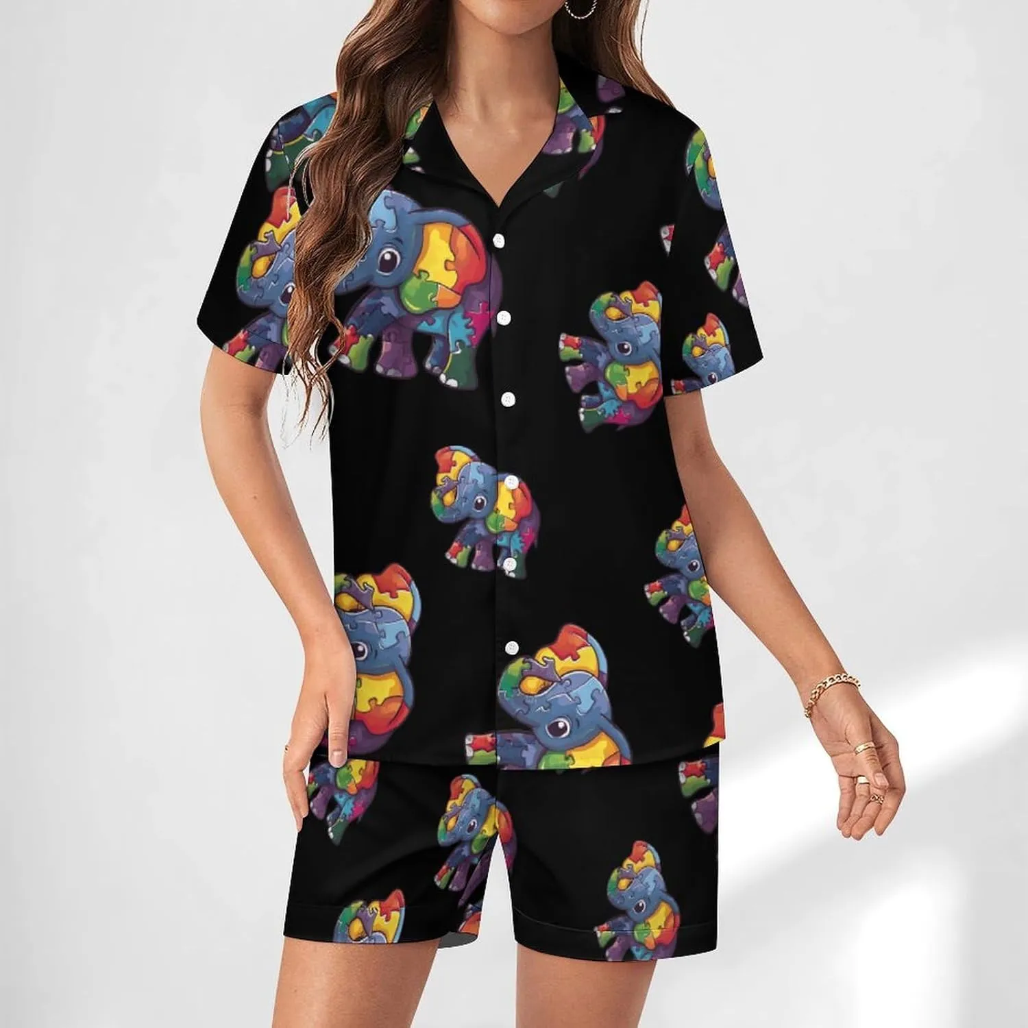 Autism Awareness Puzzle Elephant Women's Satin Pajama Set Short Sleeve Button Down Sleepwear Loungewear Pj Set