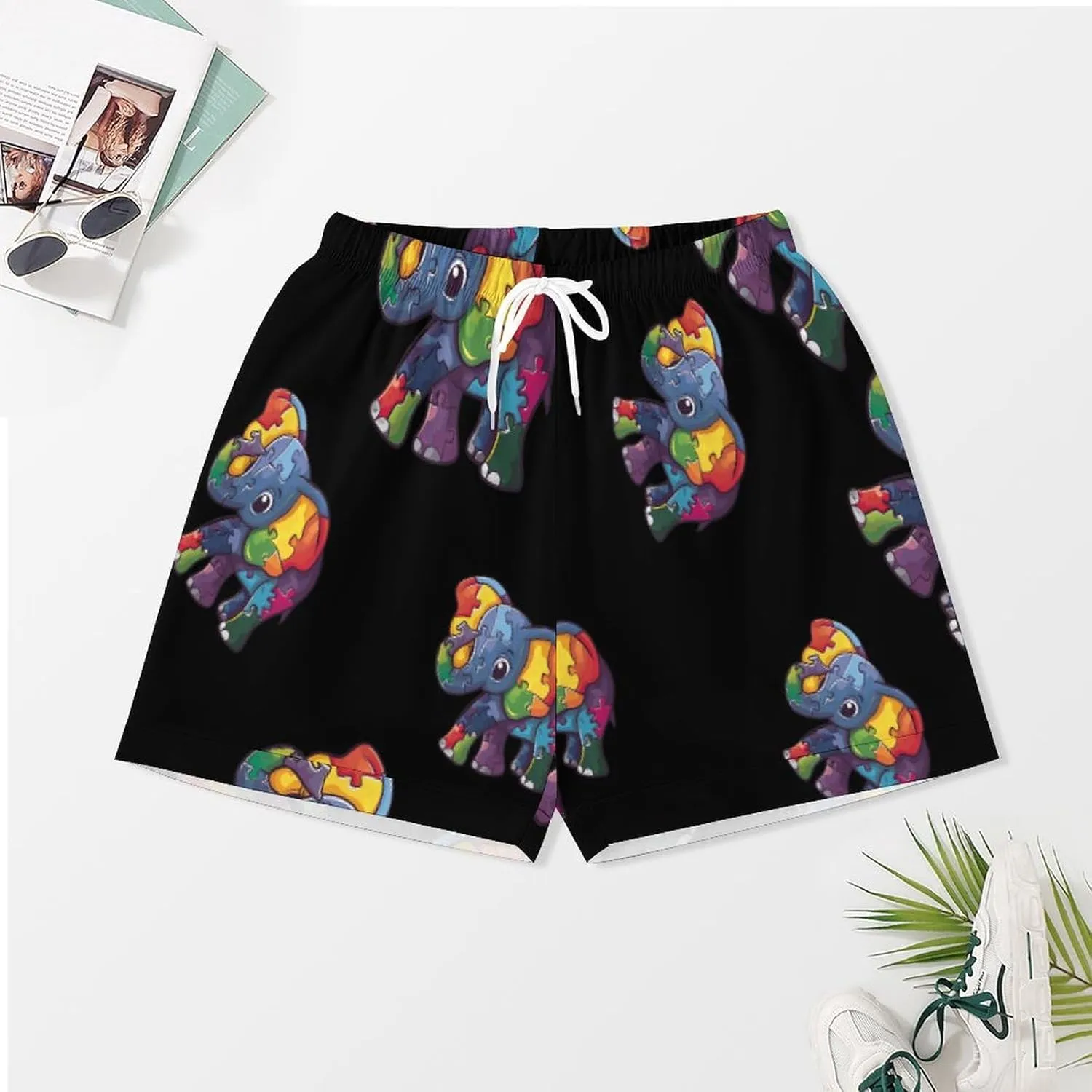 Autism Awareness Puzzle Elephant Women's Satin Pajama Set Short Sleeve Button Down Sleepwear Loungewear Pj Set