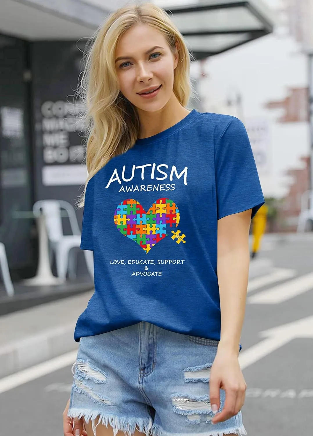 Autism Awareness Shirt for Women I Wear Blue Tshirt Autistic Mom T-Shirt Puzzle Piece Short Sleeve Tops
