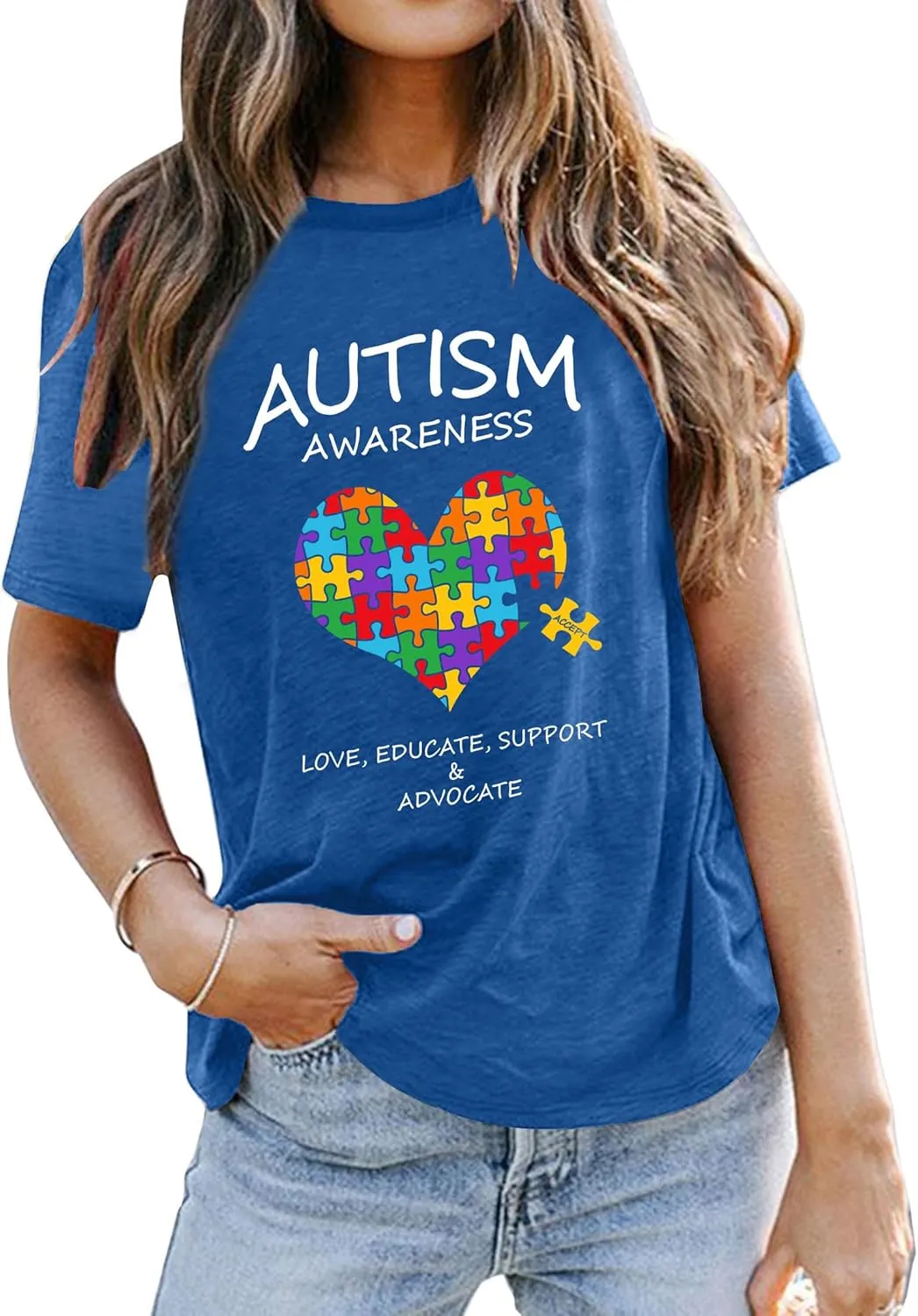 Autism Awareness Shirt for Women I Wear Blue Tshirt Autistic Mom T-Shirt Puzzle Piece Short Sleeve Tops